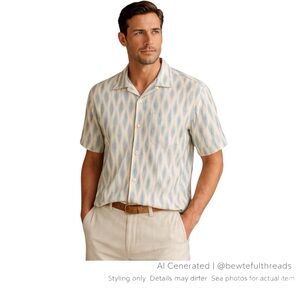 Tommy Bahama Silk Blend Ikat Resort Shirt Men’s Large Blue Relax Fit